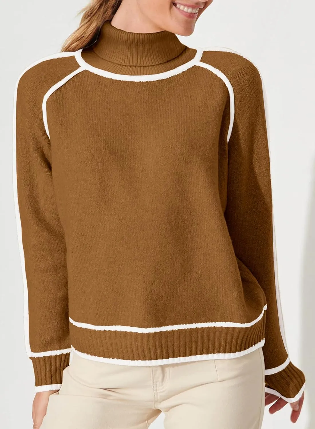 EVALESS Womens Long Sleeve Turtleneck Pullover Sweaters Casual Loose Color Block Cozy Knit Tops