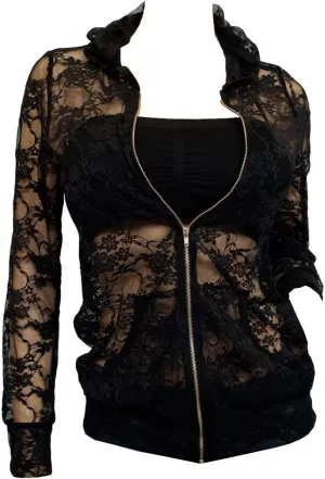 eVogues Plus Size Lace Zipper Front Hoodie Top Black