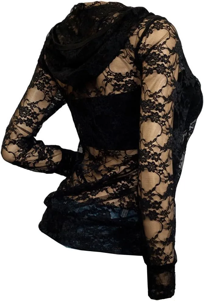 eVogues Plus Size Lace Zipper Front Hoodie Top Black