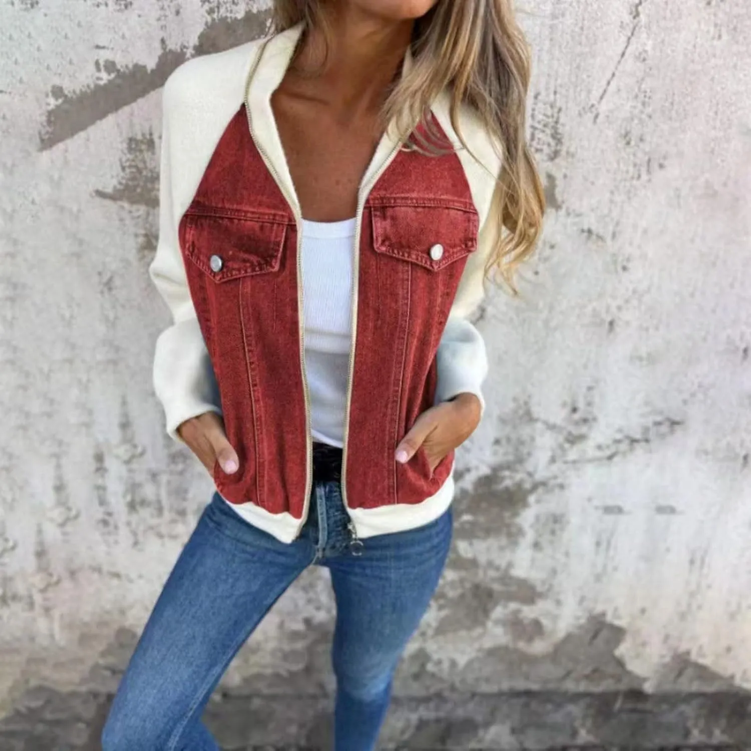 Fall Zip Up Denim Jackets for Women 2024 Long Slevee Washed Lightweight Patchwork Jean Jacket Causal Y2K Sweatshirt