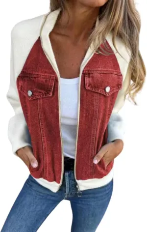 Fall Zip Up Denim Jackets for Women 2024 Long Slevee Washed Lightweight Patchwork Jean Jacket Causal Y2K Sweatshirt