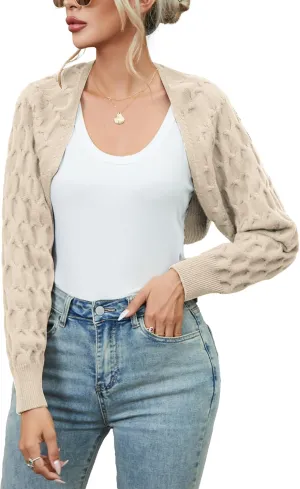 Famulily Women's Cropped Cardigan Shrugs Sweater Honeycomb Long Sleeve Open Front Knit Cardigan Bolero Shrug Outerwear