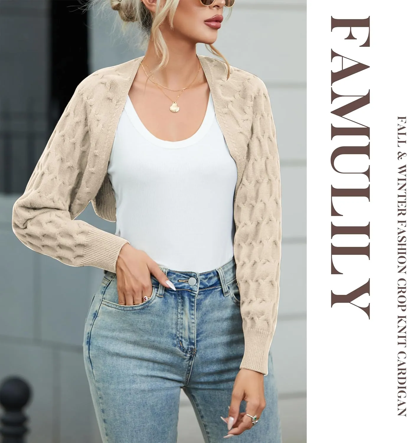Famulily Women's Cropped Cardigan Shrugs Sweater Honeycomb Long Sleeve Open Front Knit Cardigan Bolero Shrug Outerwear