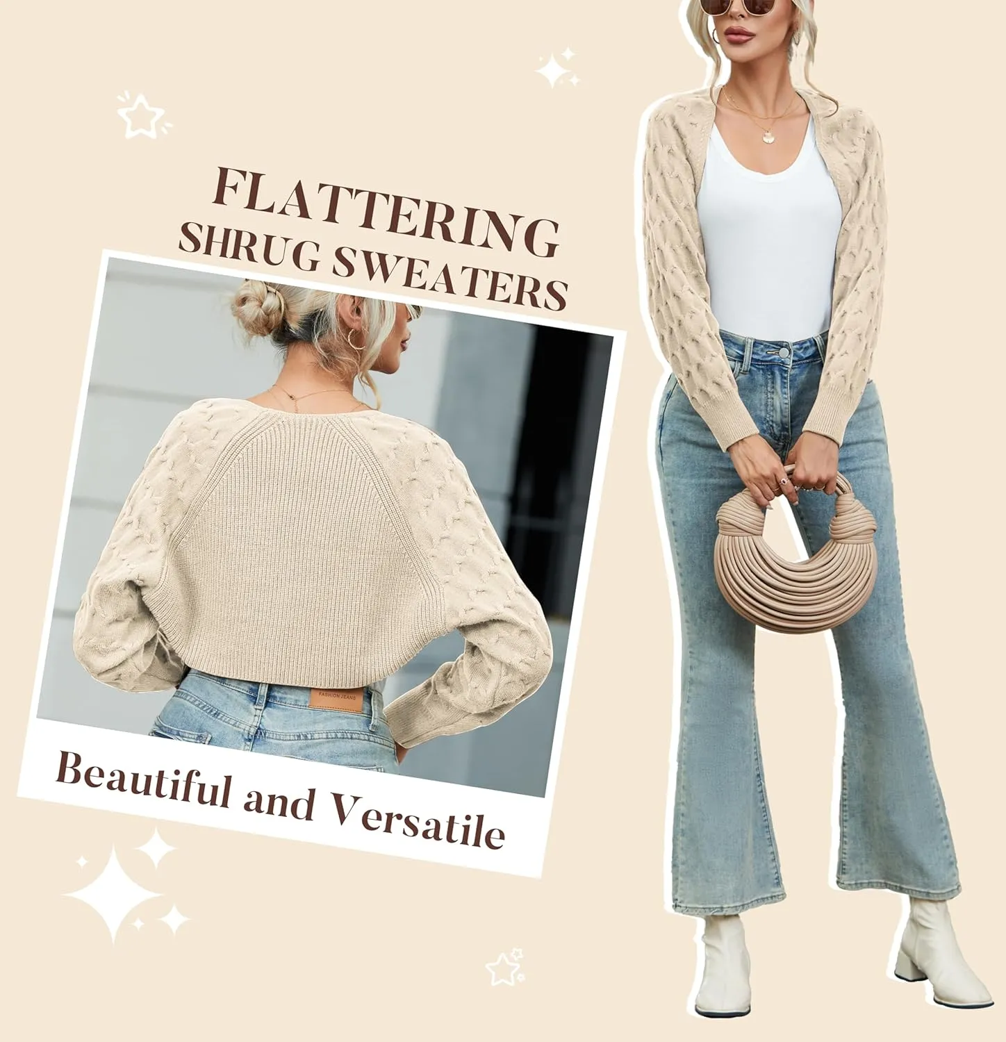 Famulily Women's Cropped Cardigan Shrugs Sweater Honeycomb Long Sleeve Open Front Knit Cardigan Bolero Shrug Outerwear