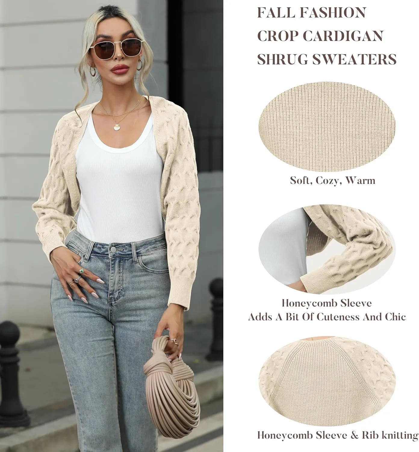 Famulily Women's Cropped Cardigan Shrugs Sweater Honeycomb Long Sleeve Open Front Knit Cardigan Bolero Shrug Outerwear