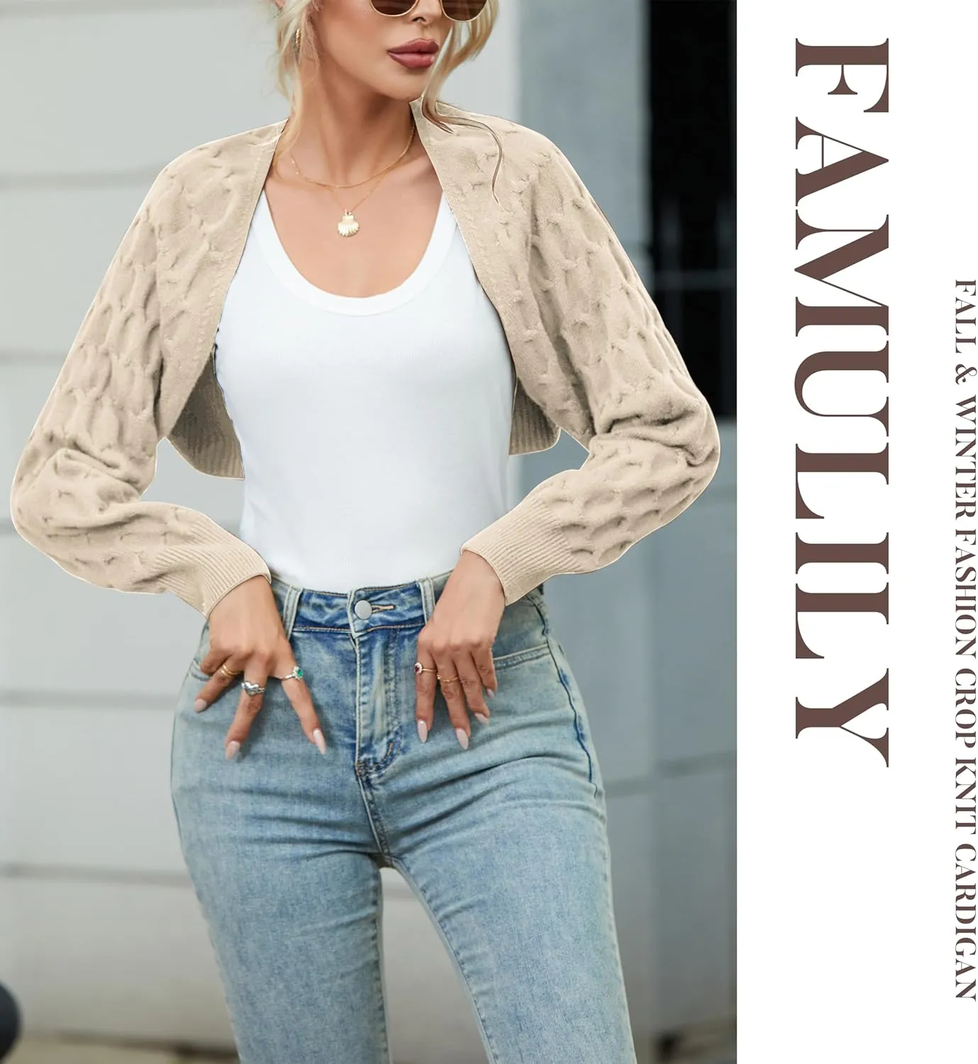 Famulily Women's Cropped Cardigan Shrugs Sweater Honeycomb Long Sleeve Open Front Knit Cardigan Bolero Shrug Outerwear