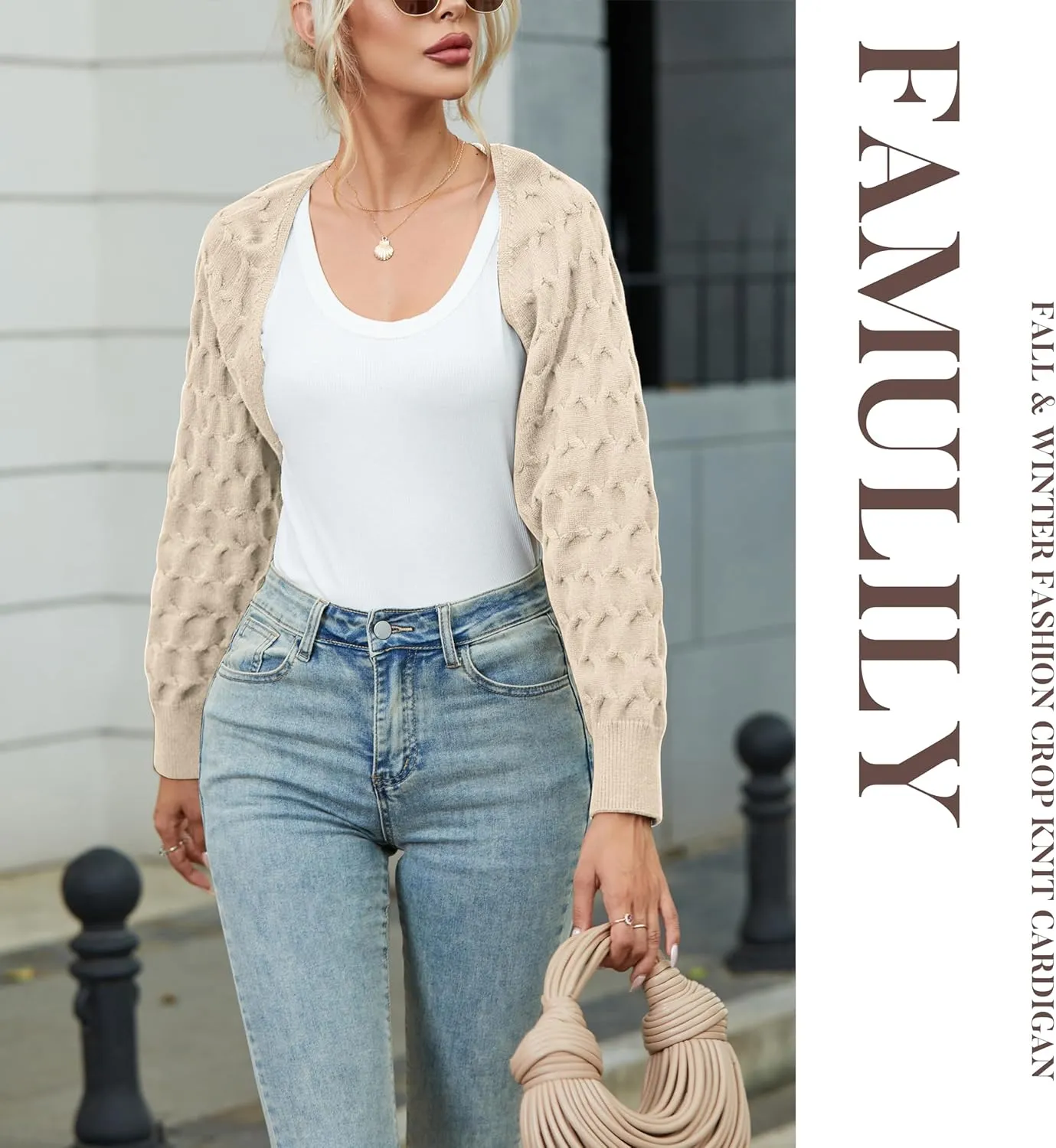 Famulily Women's Cropped Cardigan Shrugs Sweater Honeycomb Long Sleeve Open Front Knit Cardigan Bolero Shrug Outerwear