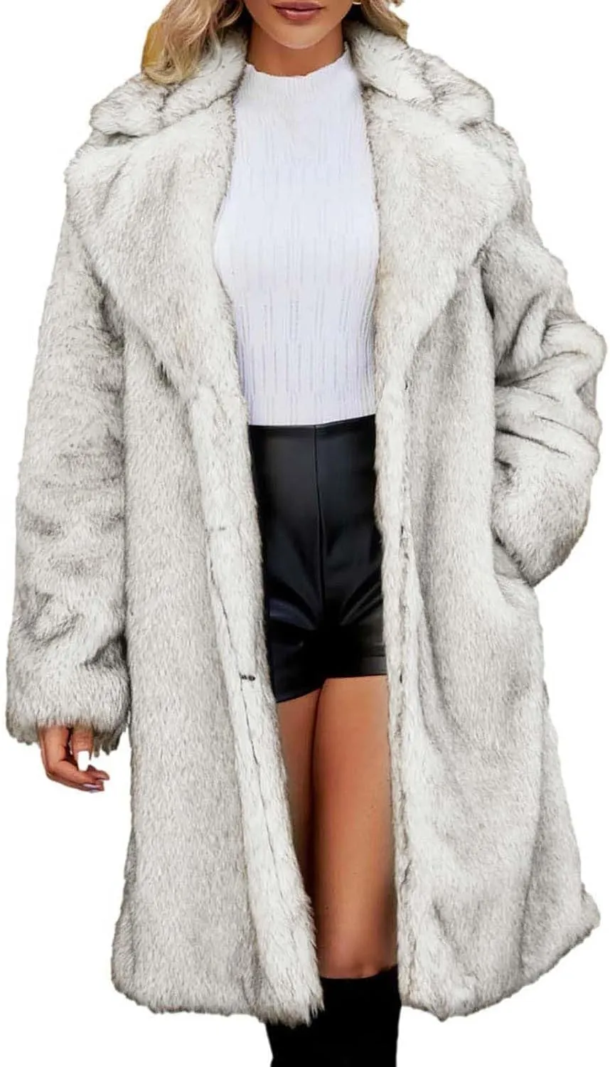 Faux Fur Solid Coats for Women Casual Loose Notch Lapel Fluffy Trench Coats Casual Thicken Warm Long Sleeve Outwear