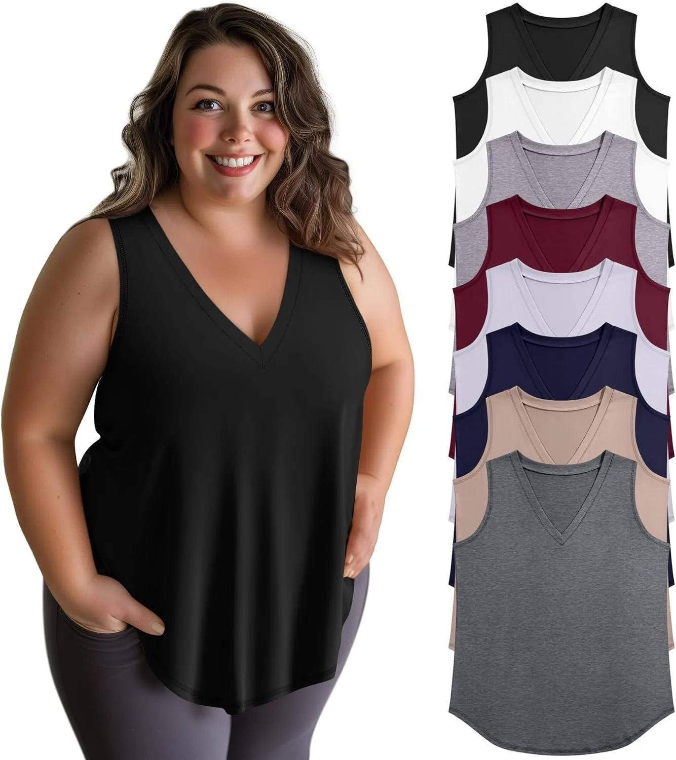 Ficerd 3 Pack Plus Size Women's Tank Top Deep V Neck Summer Shirt Cotton Loose Fit Top Sleeveless Casual Workout Shirts