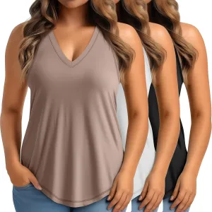 Ficerd 3 Pack Plus Size Women's Tank Top Deep V Neck Summer Shirt Cotton Loose Fit Top Sleeveless Casual Workout Shirts