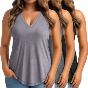 Ficerd 3 Pack Plus Size Women's Tank Top Deep V Neck Summer Shirt Cotton Loose Fit Top Sleeveless Casual Workout Shirts