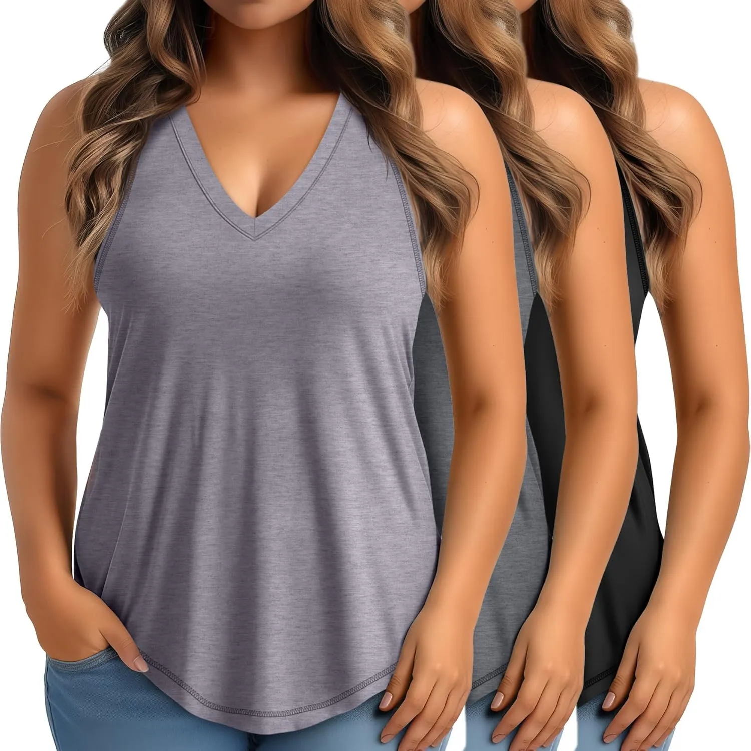 Ficerd 3 Pack Plus Size Women's Tank Top Deep V Neck Summer Shirt Cotton Loose Fit Top Sleeveless Casual Workout Shirts