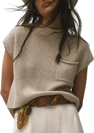 Fiona Jolin Women's Sleeveless Knit Sweater Vest Vintage Cap Sleeve Casual Mock Neck Tank Top with Front Pocket