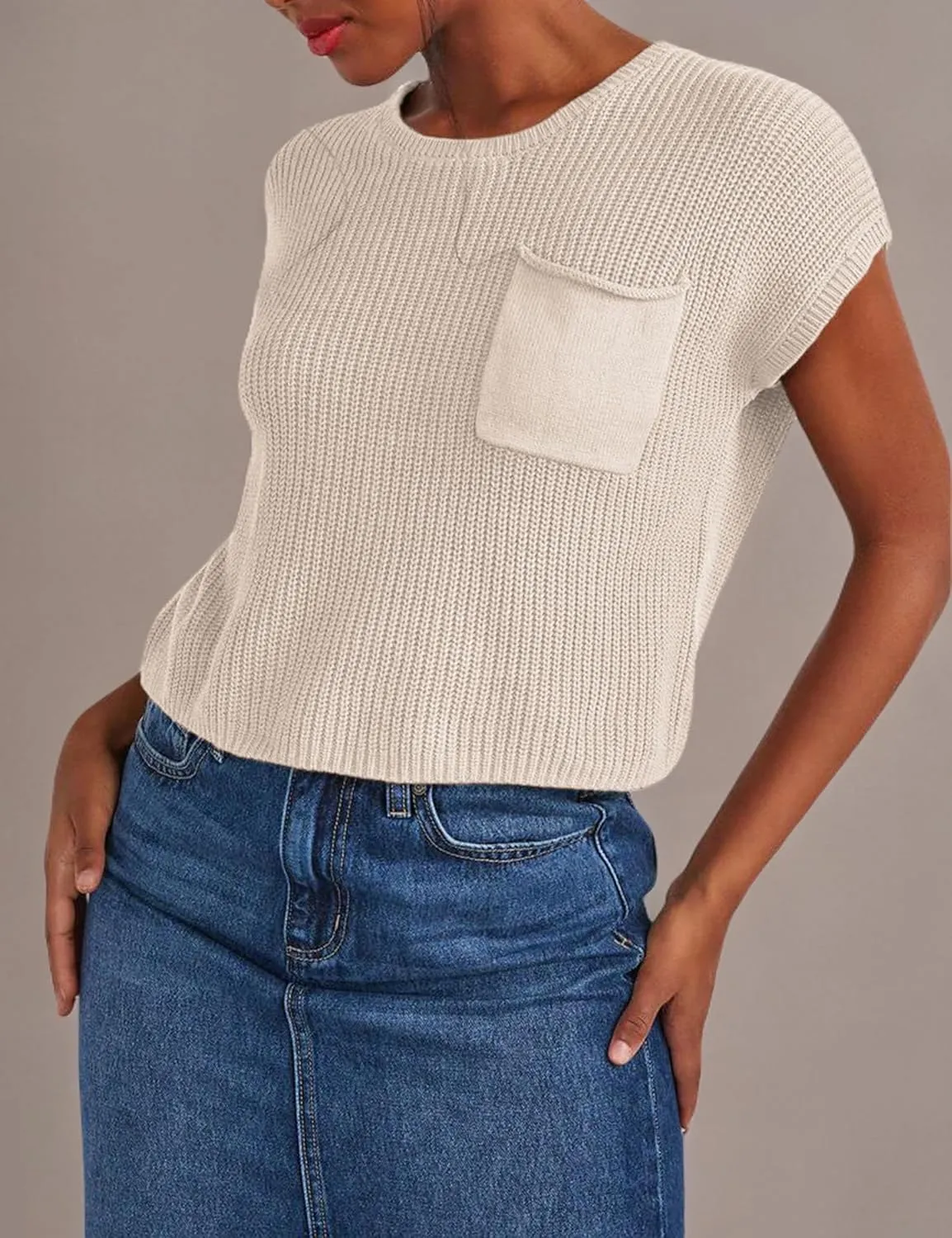 Fiona Jolin Women's Sleeveless Knit Sweater Vest Vintage Cap Sleeve Casual Mock Neck Tank Top with Front Pocket