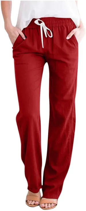 Firzero Womens Pants Summer Casual Cotton Linen Pants 2024 Trendy Solid Drawstring Long Pants Straight Leg Lounge Trousers