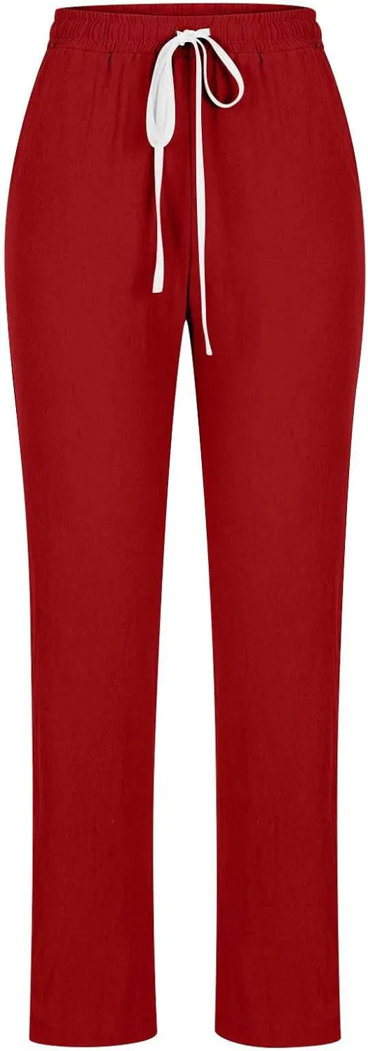Firzero Womens Pants Summer Casual Cotton Linen Pants 2024 Trendy Solid Drawstring Long Pants Straight Leg Lounge Trousers