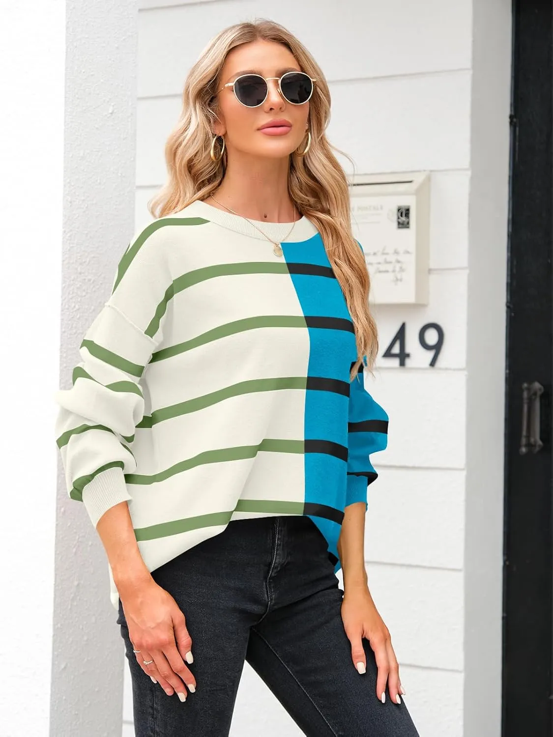 Fisoew Womens Striped Pullover Sweater Crew Neck Long Sleeve Knitted Color Block Casual Loose Lightweight Sweaters for Women