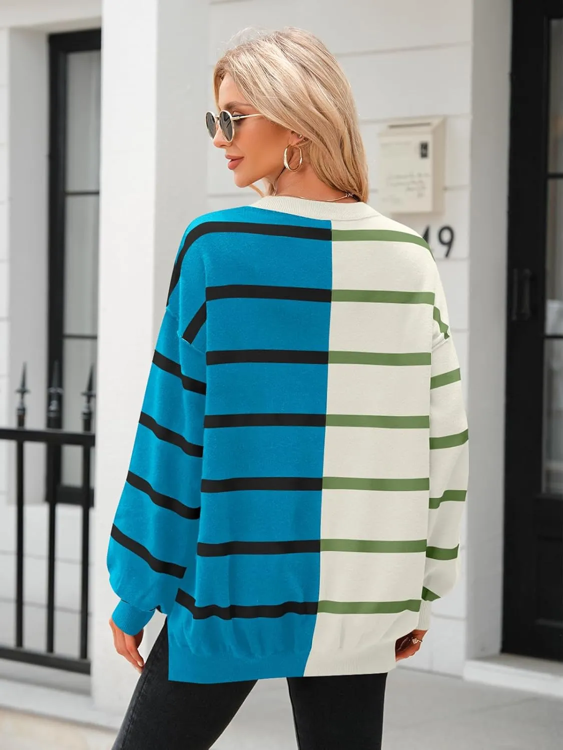 Fisoew Womens Striped Pullover Sweater Crew Neck Long Sleeve Knitted Color Block Casual Loose Lightweight Sweaters for Women