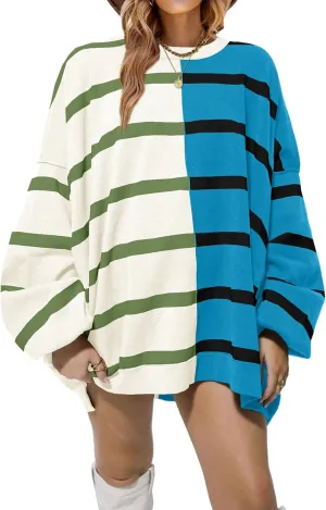 Fisoew Womens Striped Pullover Sweater Crew Neck Long Sleeve Knitted Color Block Casual Loose Lightweight Sweaters for Women