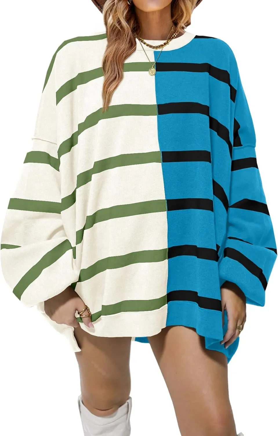 Fisoew Womens Striped Pullover Sweater Crew Neck Long Sleeve Knitted Color Block Casual Loose Lightweight Sweaters for Women