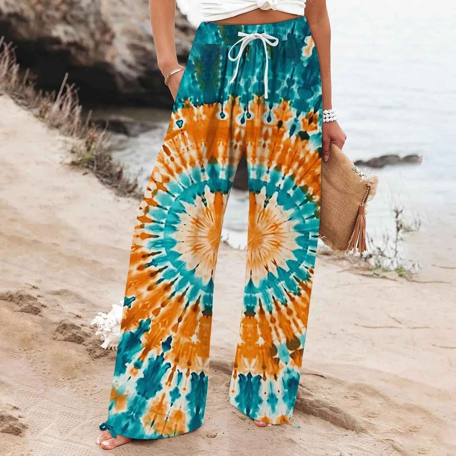 Flower Pants for Women Boho Floral Print Cotton Linen Pants Elastic Waisted Drawstring Summer Beach Baggy Trousers