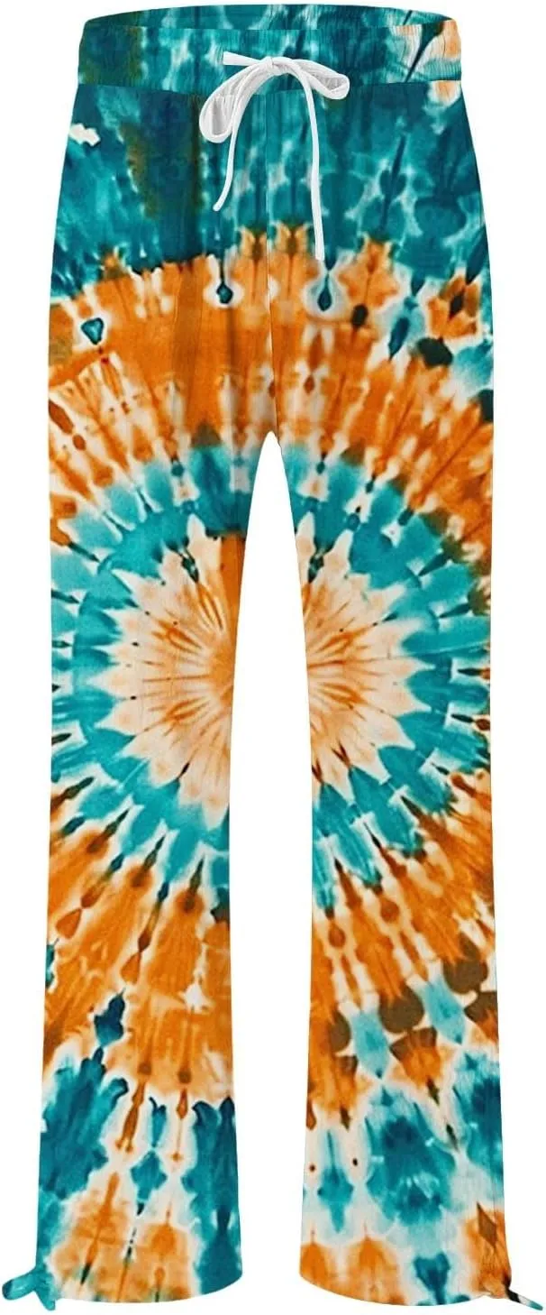 Flower Pants for Women Boho Floral Print Cotton Linen Pants Elastic Waisted Drawstring Summer Beach Baggy Trousers