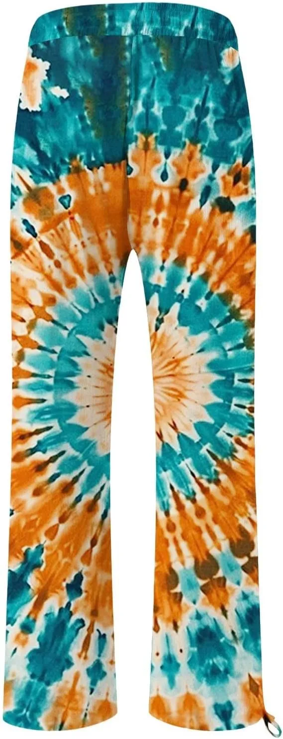 Flower Pants for Women Boho Floral Print Cotton Linen Pants Elastic Waisted Drawstring Summer Beach Baggy Trousers