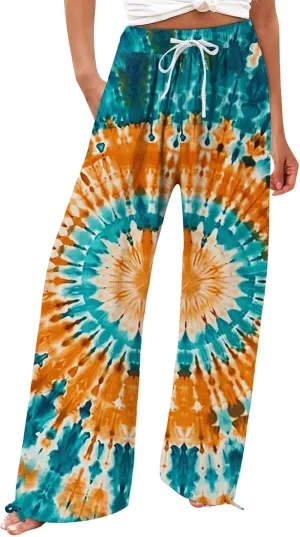 Flower Pants for Women Boho Floral Print Cotton Linen Pants Elastic Waisted Drawstring Summer Beach Baggy Trousers