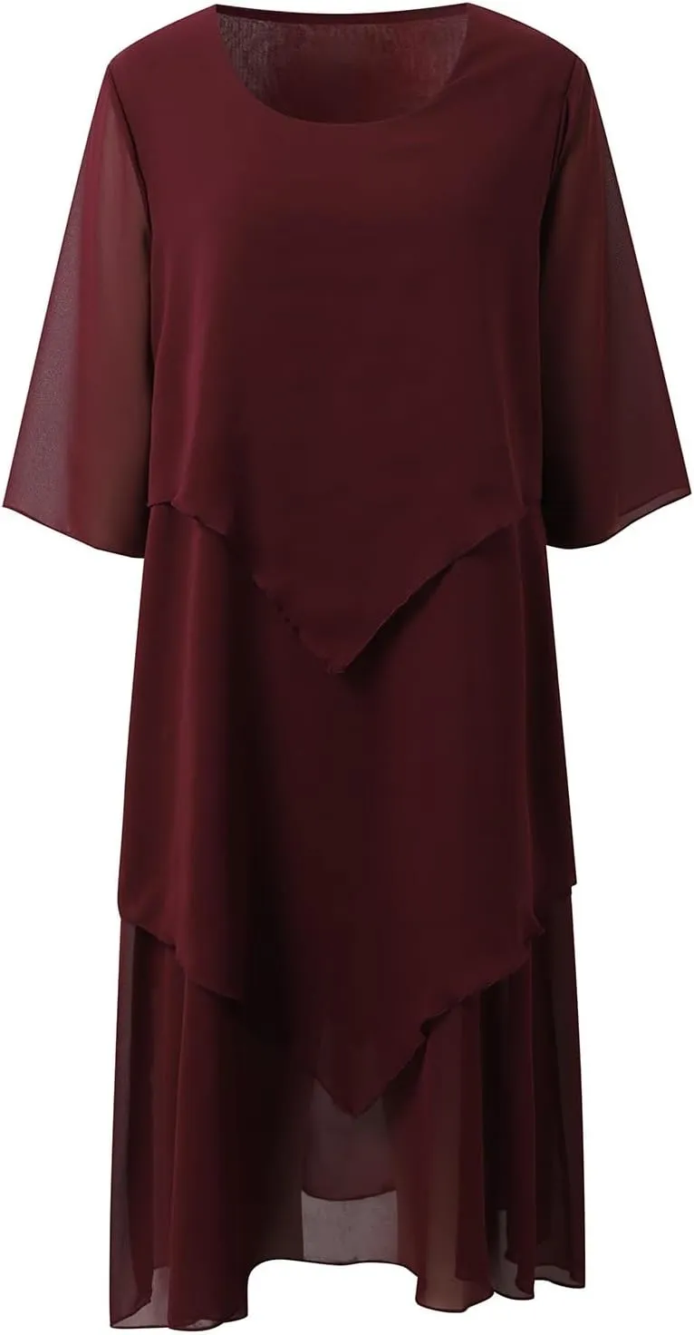Flowy Chiffon Maxi Dresses for Women Plus Size Ruffle Tiered Casual Crew Neck 3/4 Sleeve Sundress A Line Midi Dress