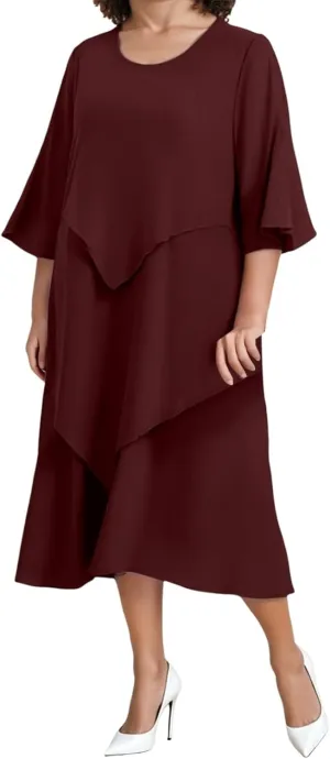 Flowy Chiffon Maxi Dresses for Women Plus Size Ruffle Tiered Casual Crew Neck 3/4 Sleeve Sundress A Line Midi Dress