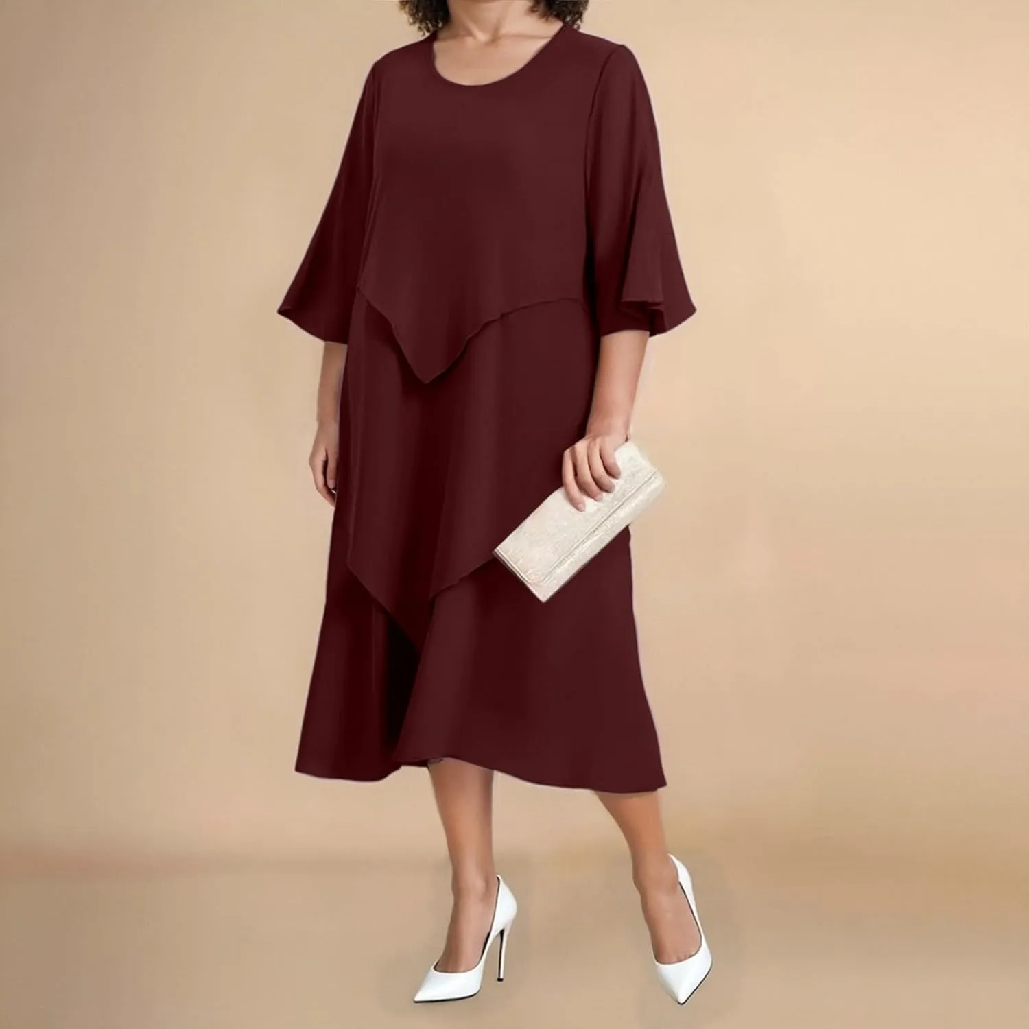 Flowy Chiffon Maxi Dresses for Women Plus Size Ruffle Tiered Casual Crew Neck 3/4 Sleeve Sundress A Line Midi Dress