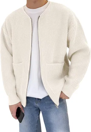 Flygo Mens Cardigan Sweater Zip Up Crewneck Knit Long Sleeve Open Front Casual Sweaters Outwear with Pockets