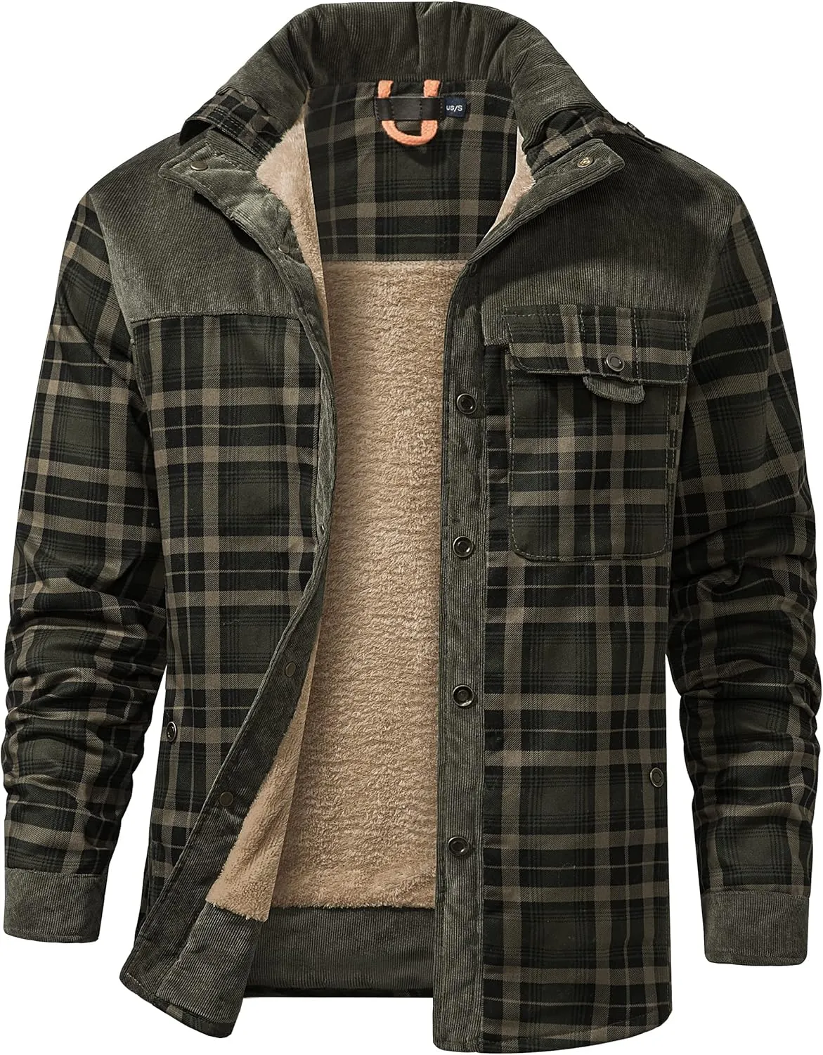 Flygo Men's Flannel Jacket Loose Plaid Sherpa Lined Flannel Shirt Snap Button Warm Winter Jackets Pockets