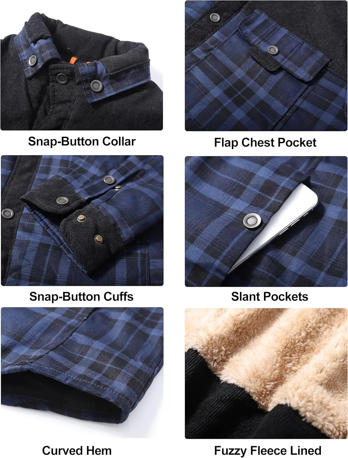 Flygo Men's Flannel Jacket Loose Plaid Sherpa Lined Flannel Shirt Snap Button Warm Winter Jackets Pockets