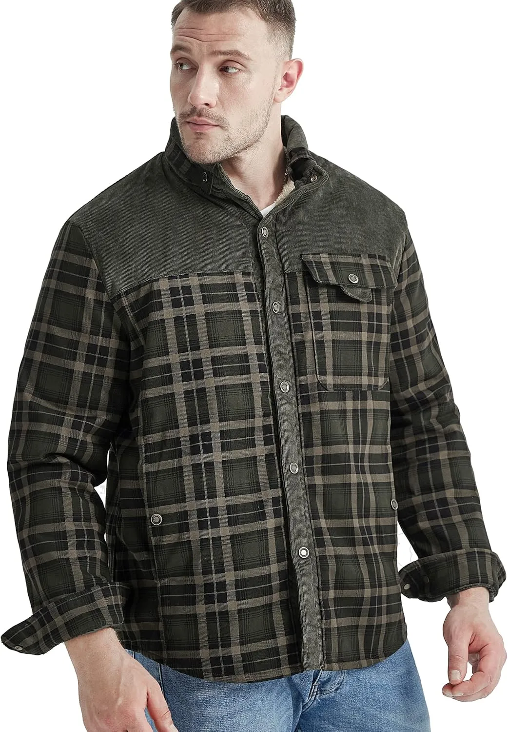 Flygo Men's Flannel Jacket Loose Plaid Sherpa Lined Flannel Shirt Snap Button Warm Winter Jackets Pockets