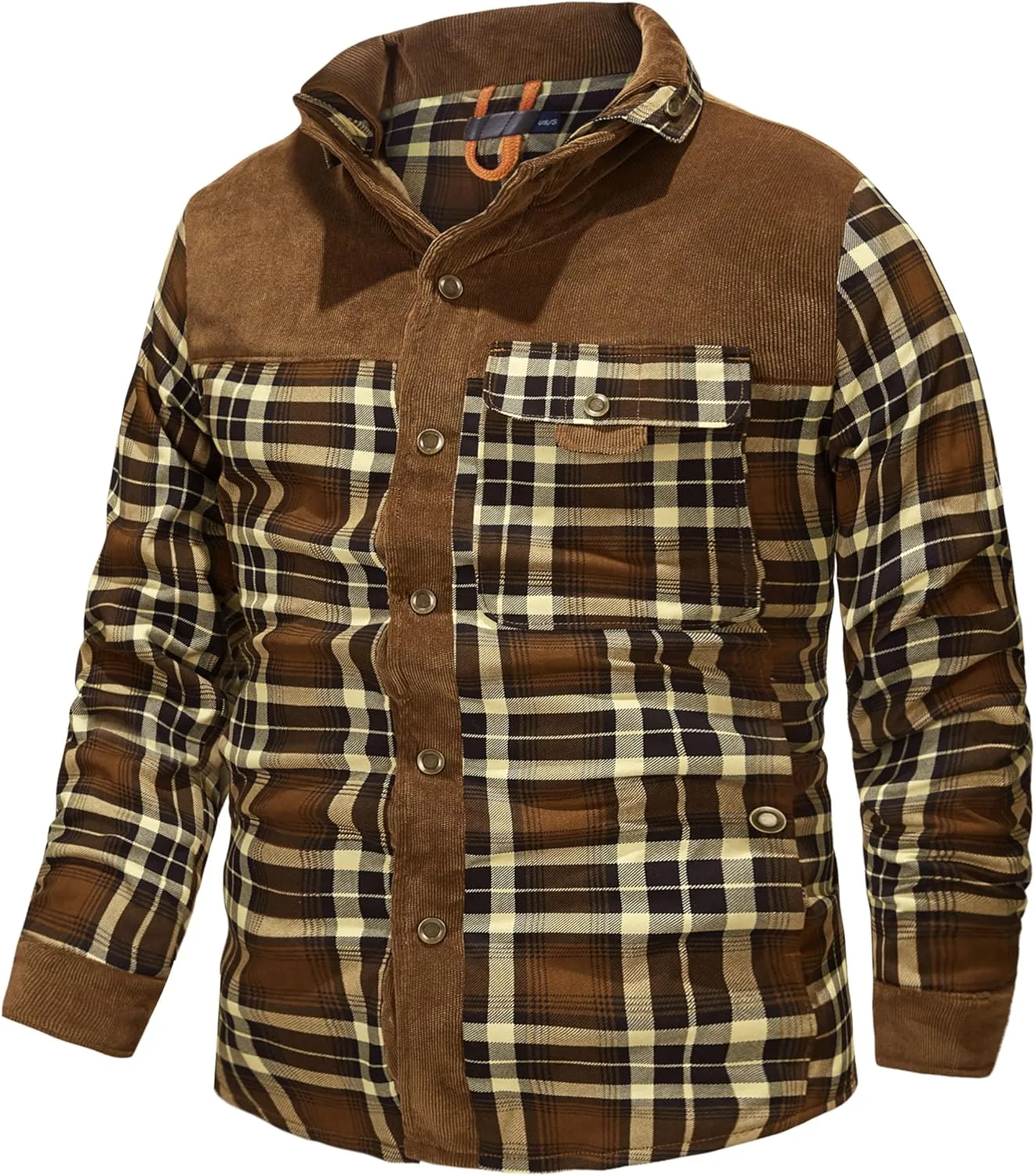 Flygo Men's Flannel Jacket Loose Plaid Sherpa Lined Flannel Shirt Snap Button Warm Winter Jackets Pockets