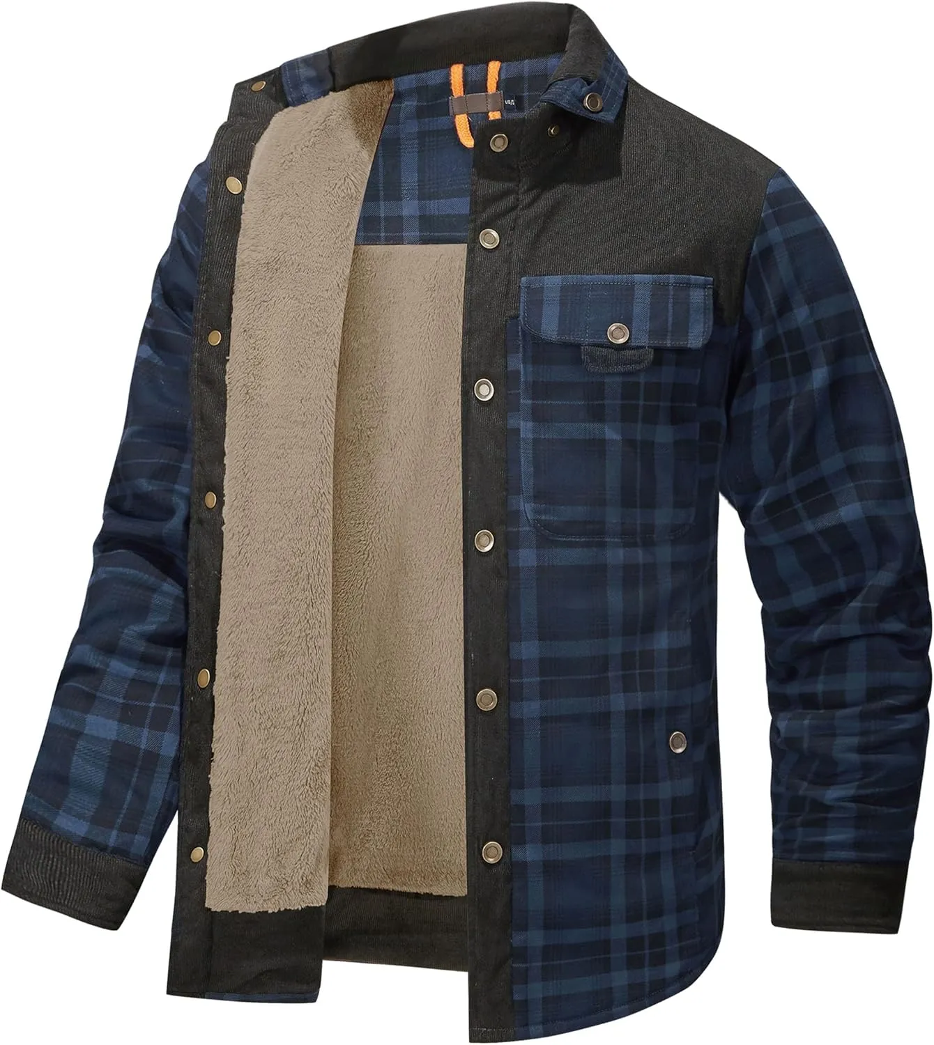 Flygo Men's Flannel Jacket Loose Plaid Sherpa Lined Flannel Shirt Snap Button Warm Winter Jackets Pockets