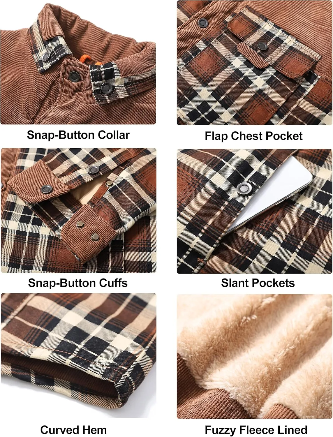 Flygo Men's Flannel Jacket Loose Plaid Sherpa Lined Flannel Shirt Snap Button Warm Winter Jackets Pockets
