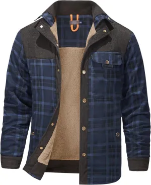 Flygo Men's Flannel Jacket Loose Plaid Sherpa Lined Flannel Shirt Snap Button Warm Winter Jackets Pockets