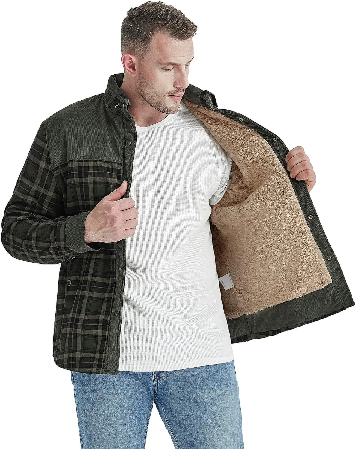 Flygo Men's Flannel Jacket Loose Plaid Sherpa Lined Flannel Shirt Snap Button Warm Winter Jackets Pockets