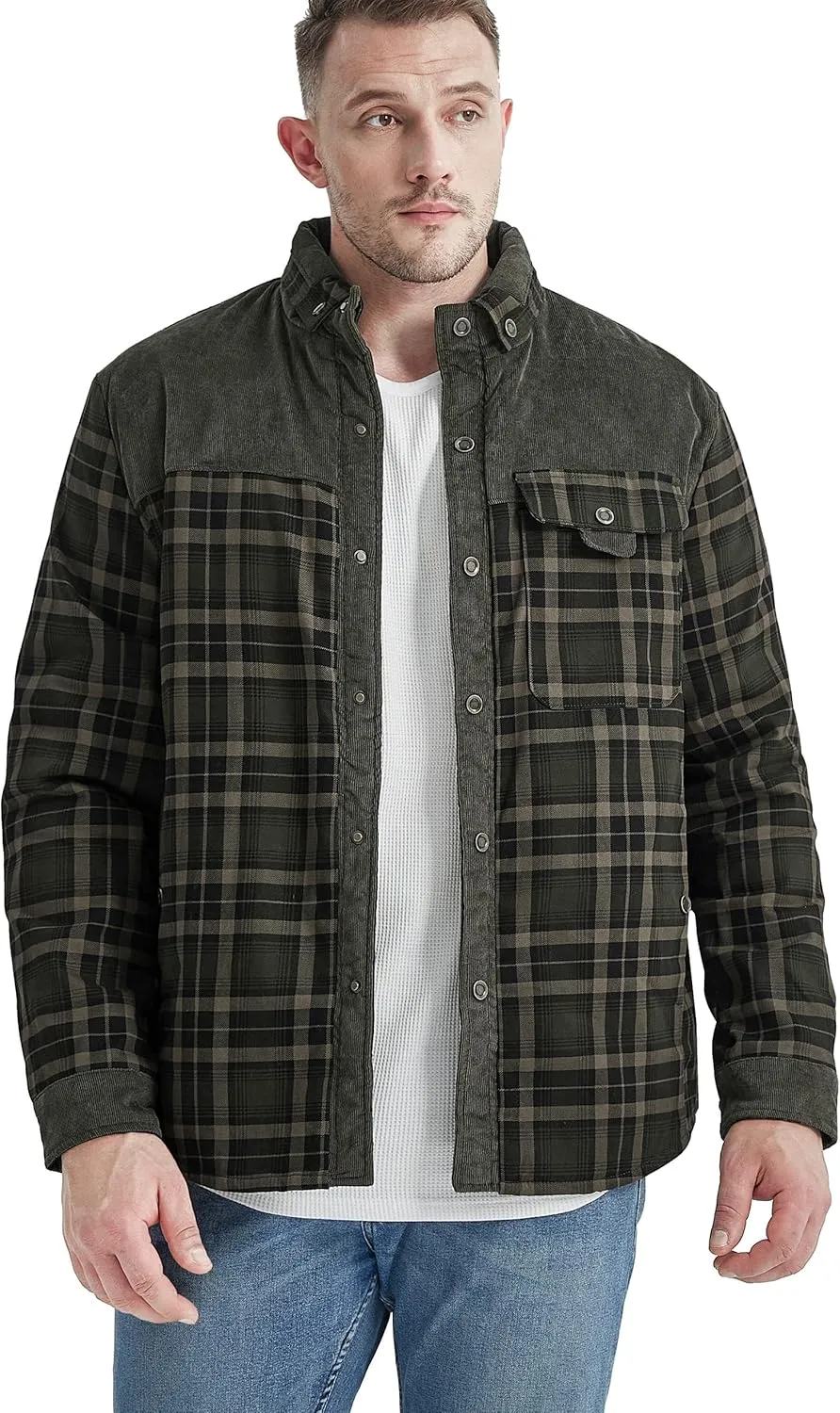Flygo Men's Flannel Jacket Loose Plaid Sherpa Lined Flannel Shirt Snap Button Warm Winter Jackets Pockets