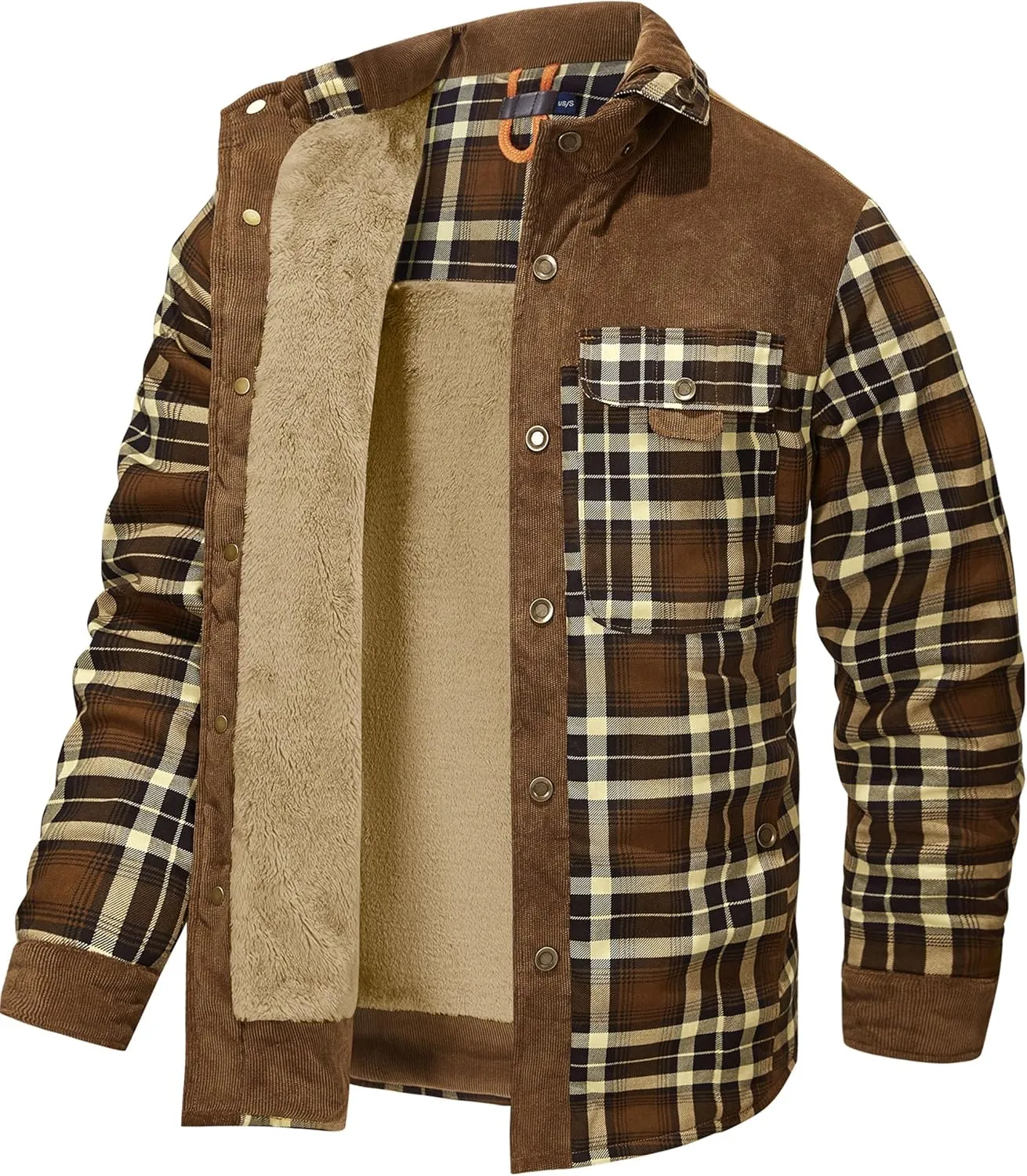 Flygo Men's Flannel Jacket Loose Plaid Sherpa Lined Flannel Shirt Snap Button Warm Winter Jackets Pockets