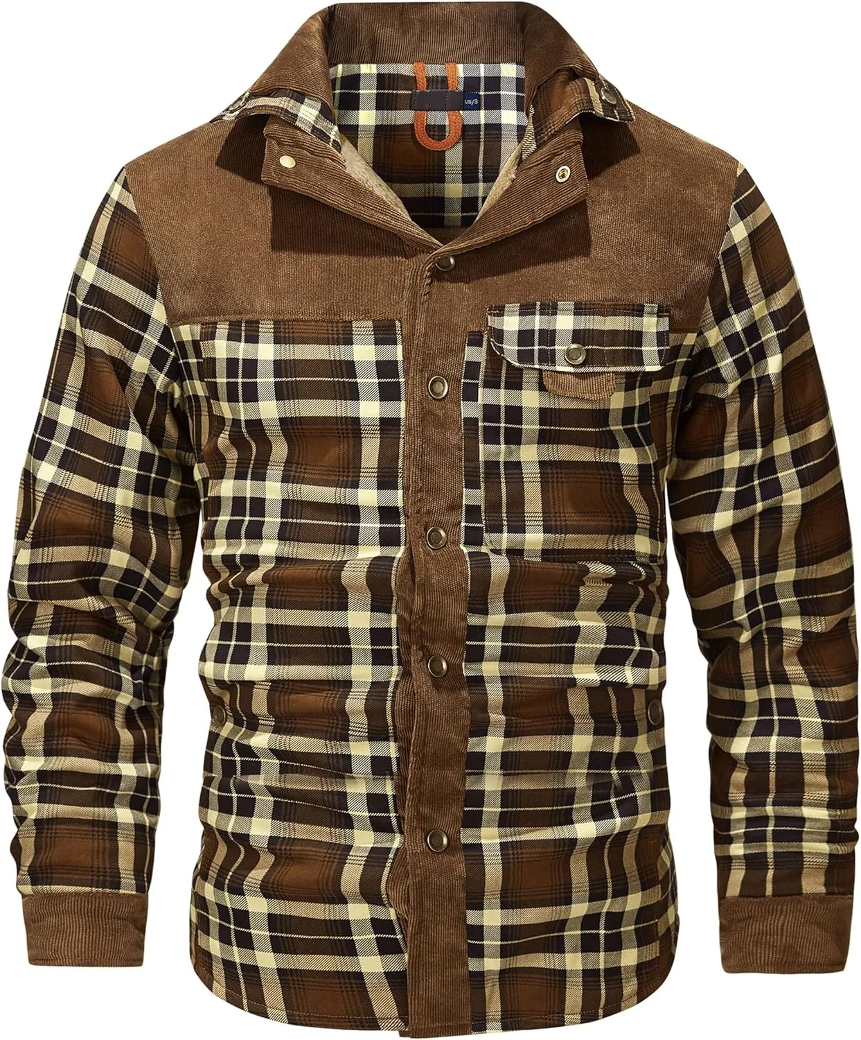 Flygo Men's Flannel Jacket Loose Plaid Sherpa Lined Flannel Shirt Snap Button Warm Winter Jackets Pockets