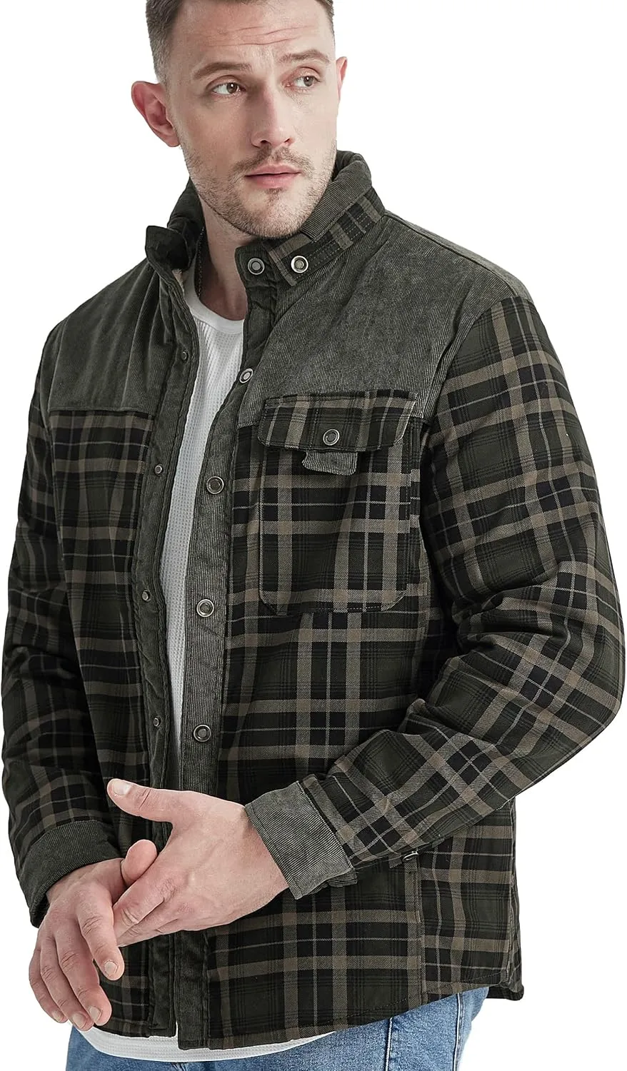Flygo Men's Flannel Jacket Loose Plaid Sherpa Lined Flannel Shirt Snap Button Warm Winter Jackets Pockets