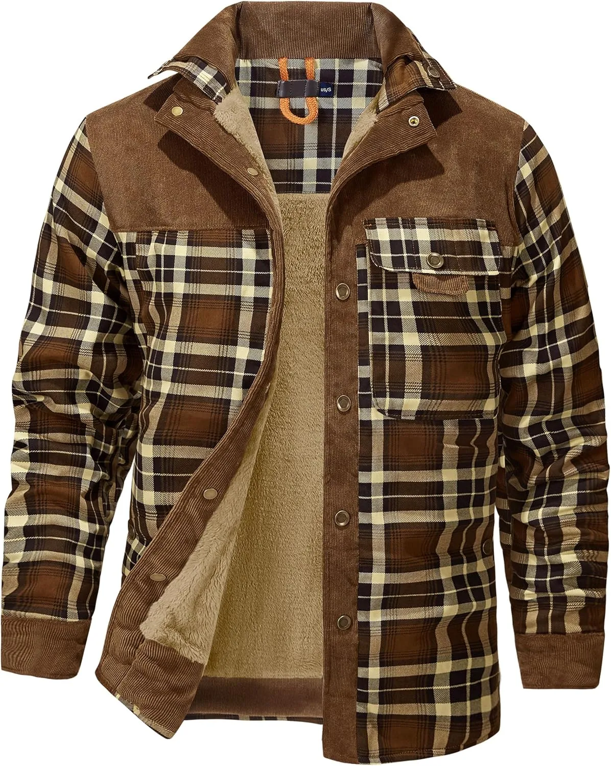 Flygo Men's Flannel Jacket Loose Plaid Sherpa Lined Flannel Shirt Snap Button Warm Winter Jackets Pockets