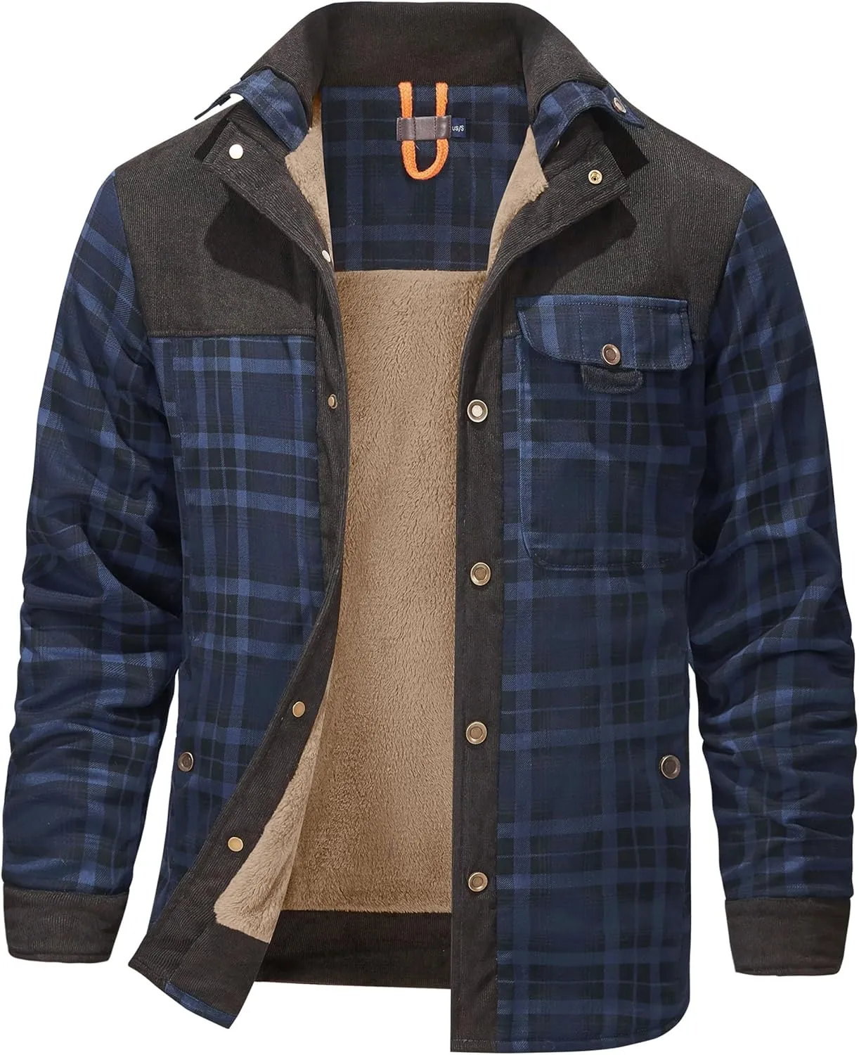 Flygo Men's Flannel Jacket Loose Plaid Sherpa Lined Flannel Shirt Snap Button Warm Winter Jackets Pockets