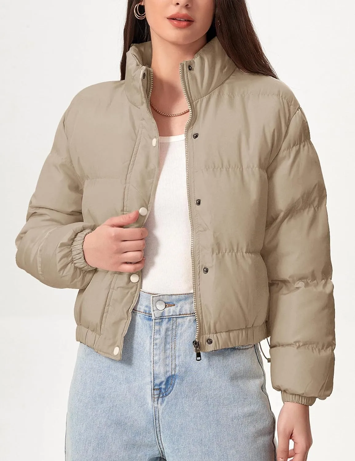Flygo Womens Lightweight Quilted Jacket Long Sleeve Stand Collar Zipper Cropped Puffer Jacket Warm Winter Coat