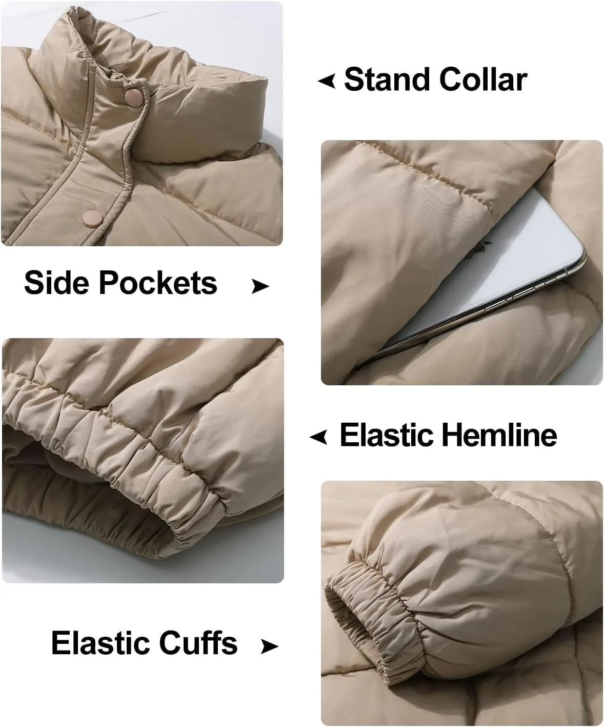Flygo Womens Lightweight Quilted Jacket Long Sleeve Stand Collar Zipper Cropped Puffer Jacket Warm Winter Coat