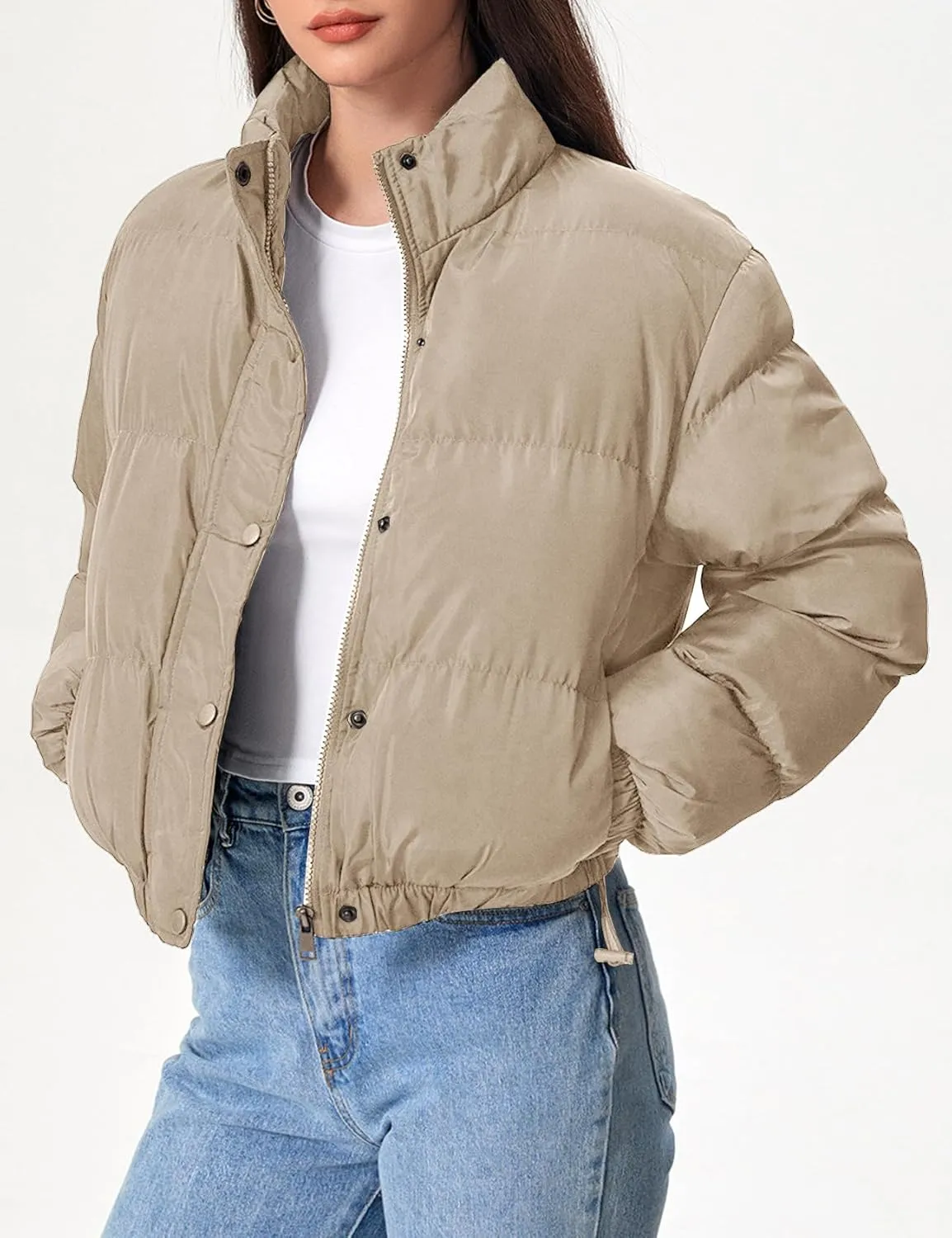 Flygo Womens Lightweight Quilted Jacket Long Sleeve Stand Collar Zipper Cropped Puffer Jacket Warm Winter Coat