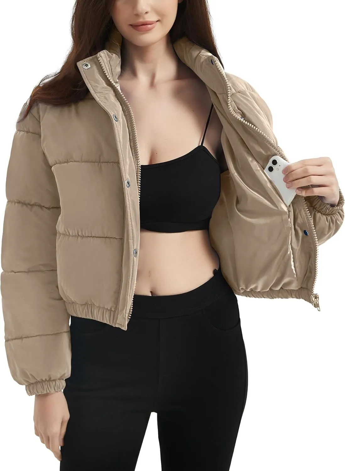 Flygo Womens Lightweight Quilted Jacket Long Sleeve Stand Collar Zipper Cropped Puffer Jacket Warm Winter Coat